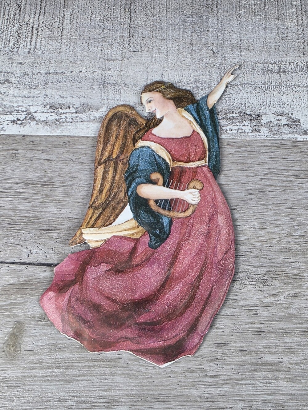 Santa's Workbench Angel Ornament 7" Pressed Tin Vintage Style w Harp 215d